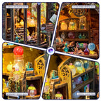 Myriad Realms Club details showing an arched window, crystal balls and specimen shelves.