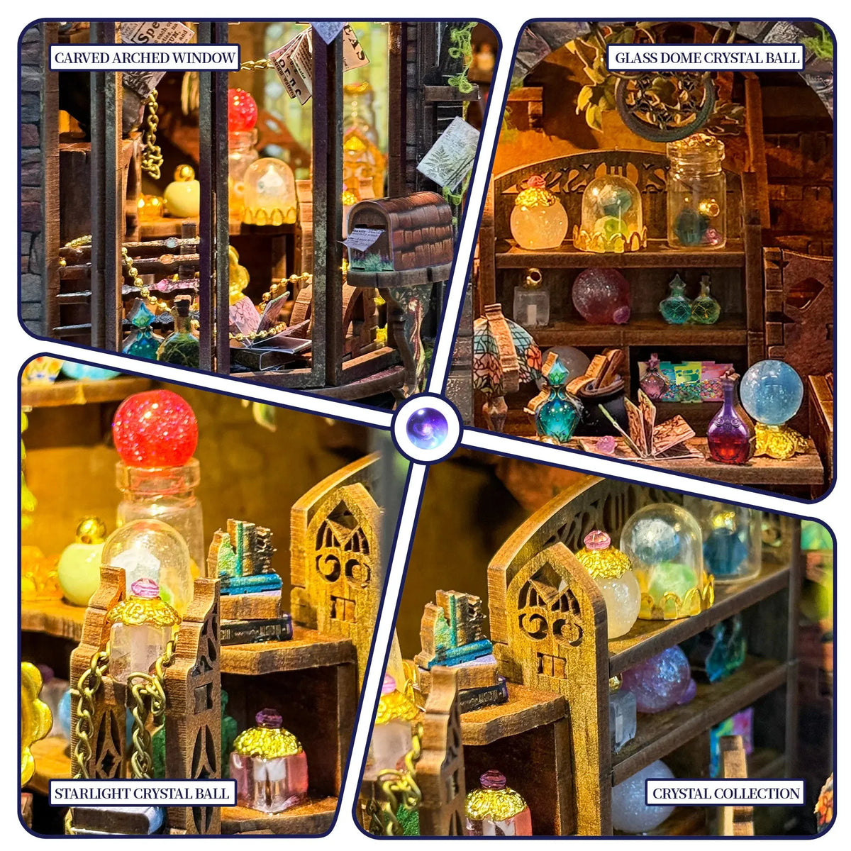 Myriad Realms Club details showing an arched window, crystal balls and specimen shelves.
