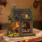 Myriad Realms Club miniature shop with a vine-covered roof and colorful crystal displays.