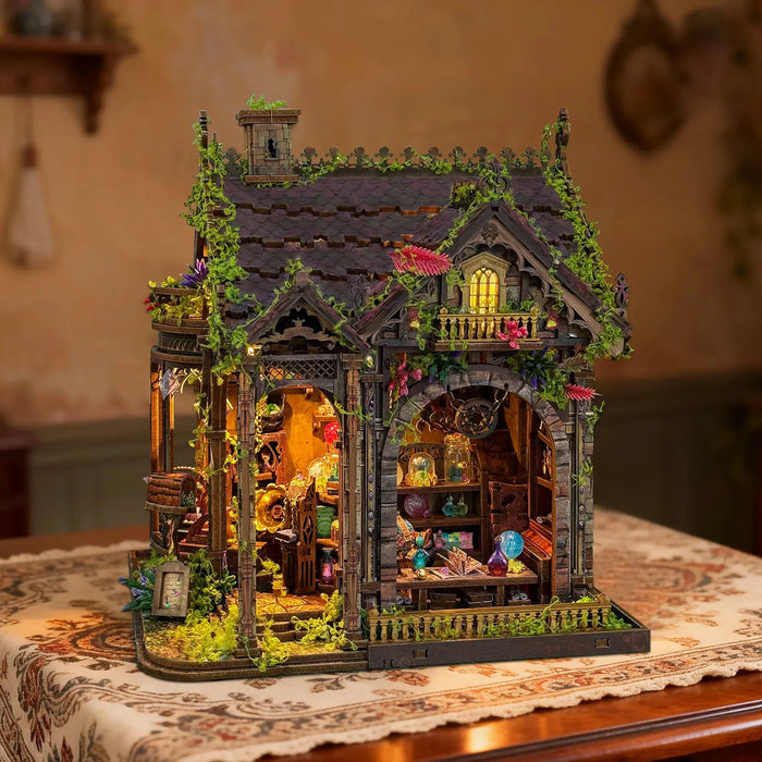 Myriad Realms Club miniature shop with a vine-covered roof and colorful crystal displays.
