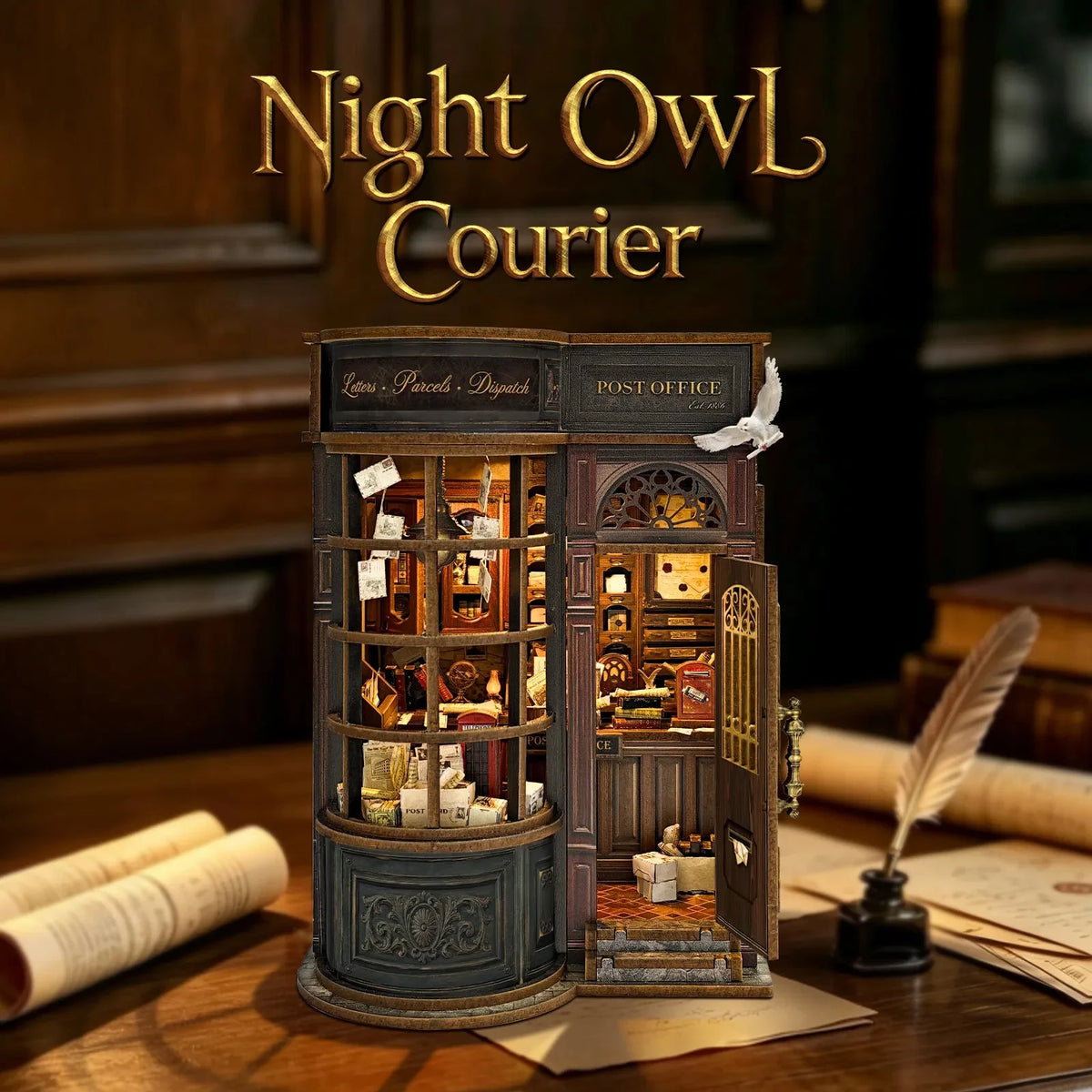 Night Owl Courier storefront on a desk beside books, a quill and an ink bottle.