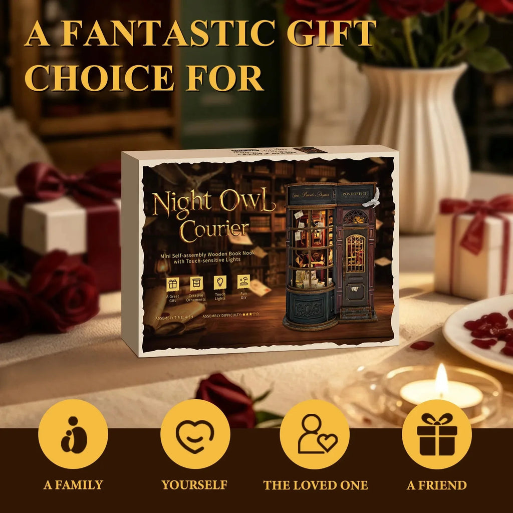 Night Owl Courier kit box displayed among gift boxes and candles.