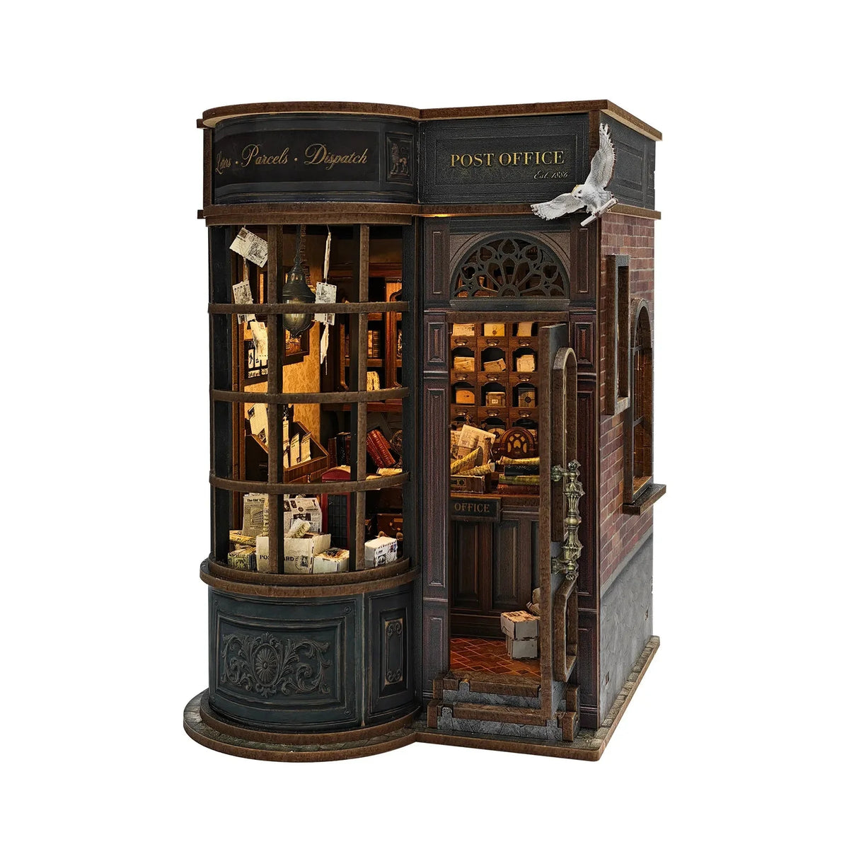 Angled Night Owl Courier book nook against a white background with its door closed.