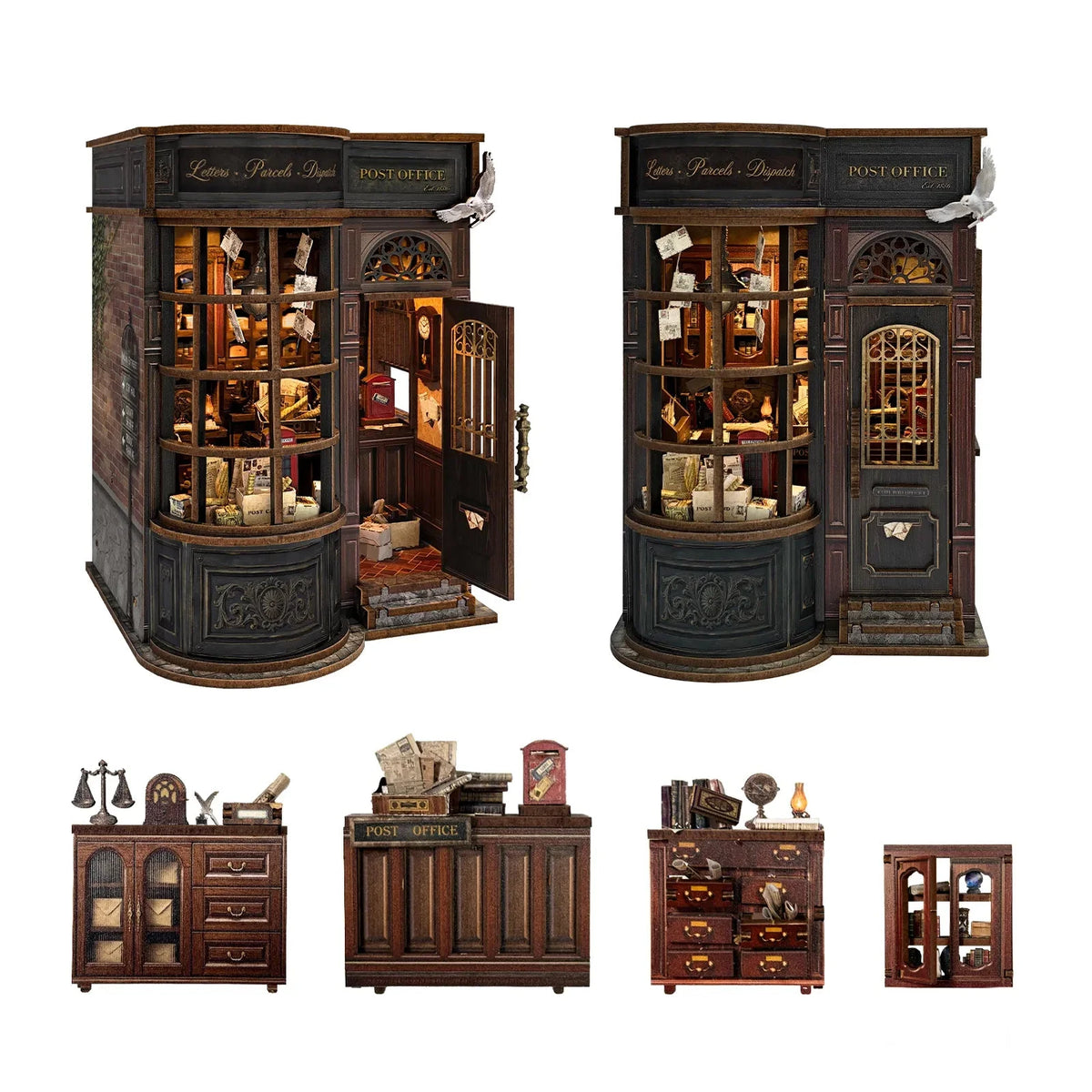 Night Owl Courier with the door open and closed, plus miniature furniture pictured below.