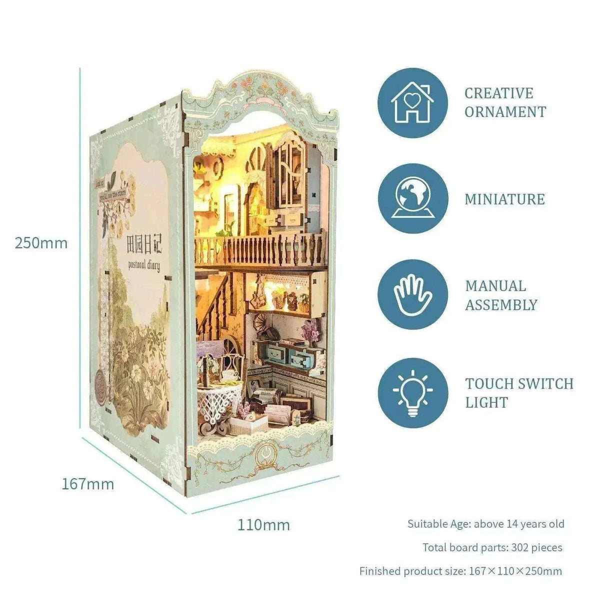Pastoral cottage book nook size diagram with assembly and lighting feature icons.