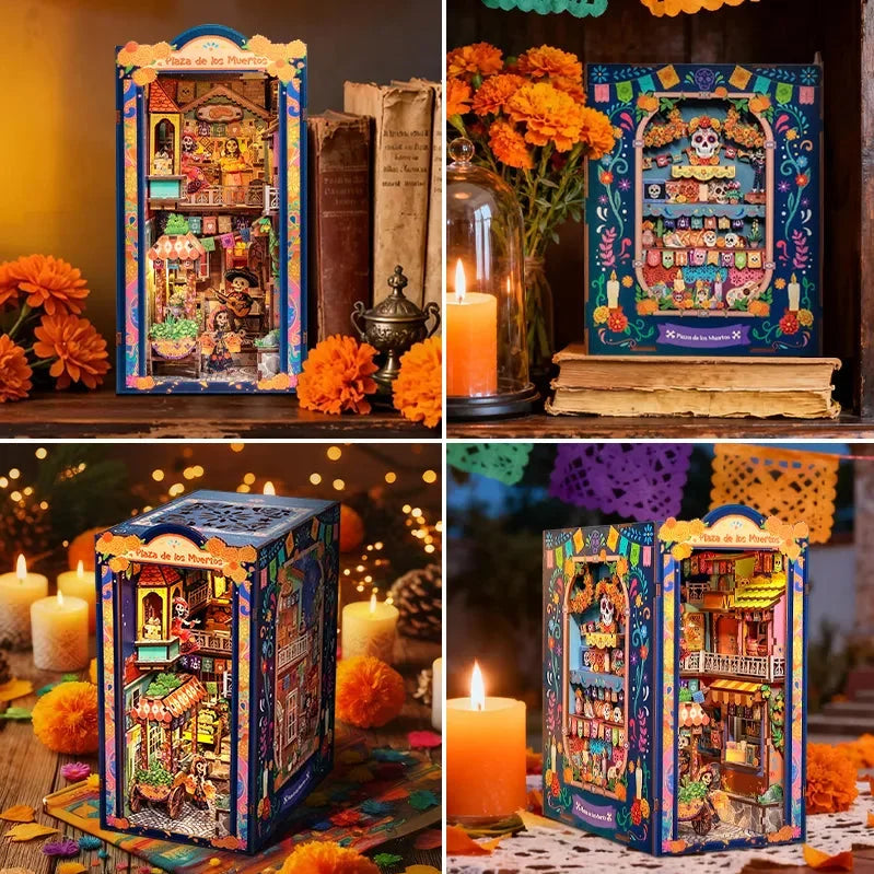 Plaza de los Muertos displayed from several angles beside candles, books and marigolds.