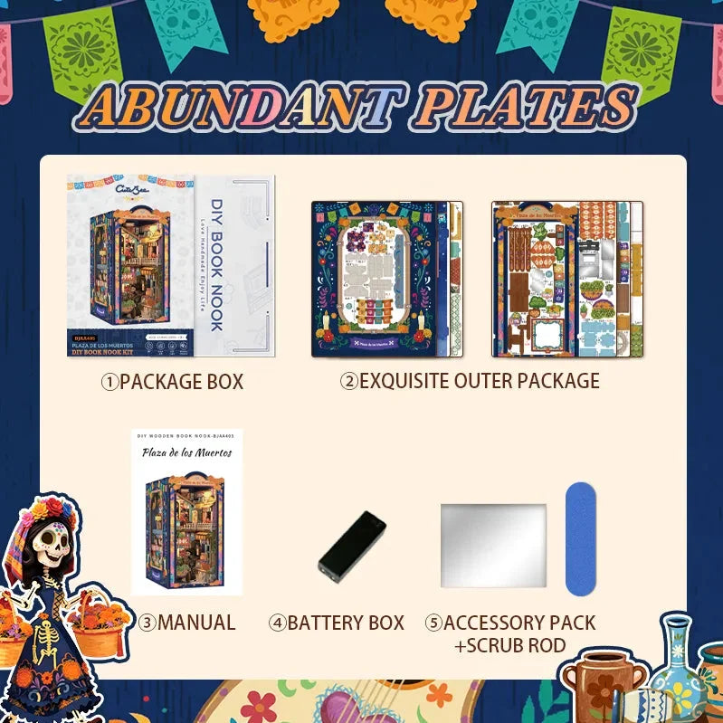 Plaza de los Muertos packaging, manual, battery box and accessories in a kit-contents diagram.