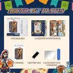 Plaza de los Muertos packaging, manual, battery box and accessories in a kit-contents diagram.