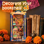 Plaza de los Muertos book nook beside old books and orange marigold flowers.