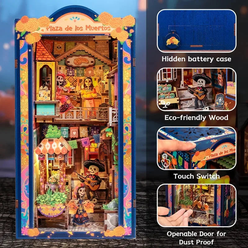Plaza de los Muertos feature collage showing the battery box, touch switch and opening cover.