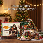 Snowy Christmas Lodge miniature house beside its illustrated kit box.