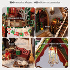 Snowy Christmas Lodge details showing miniature furniture, decorations and a crystal-style chandelier.