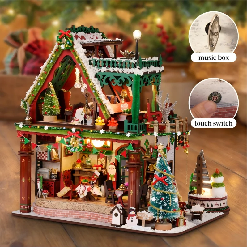 Snowy Christmas Lodge with close-ups of the music mechanism and touch switch.