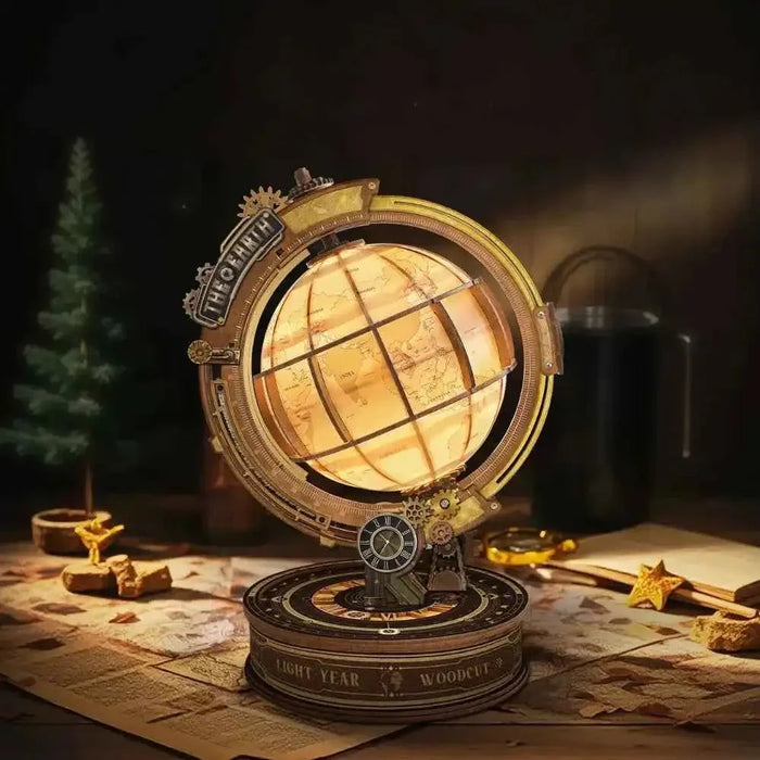 Star Trail Globe wooden model with an illuminated globe on an ornate circular stand.