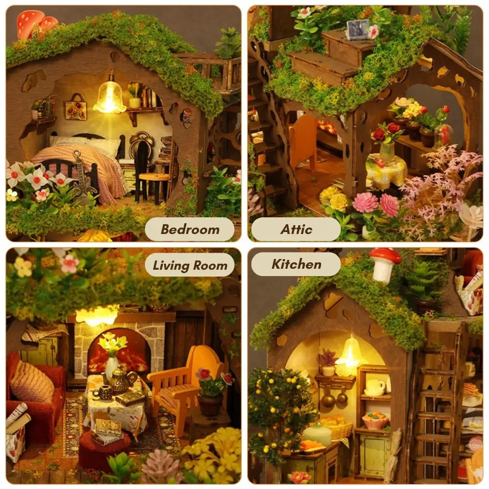 Time Treehouse green-roof edition details showing the bedroom, attic, living room and kitchen.