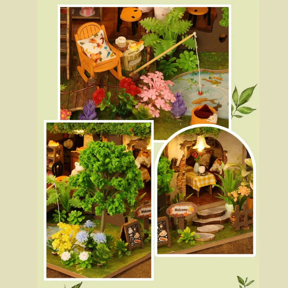Time Treehouse green-roof edition details showing a rocking chair, small pond and garden stairs.