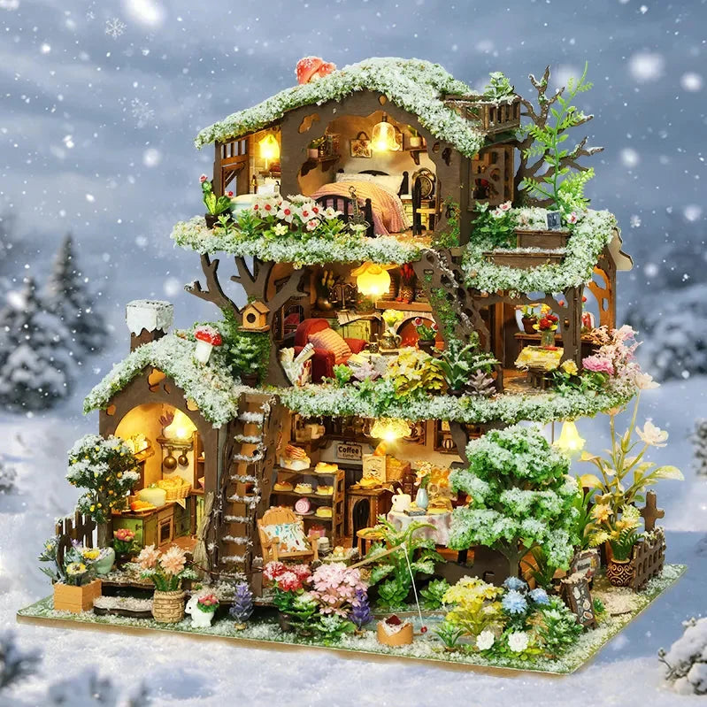 Time Treehouse snow-roof edition against a snowy forest backdrop.
