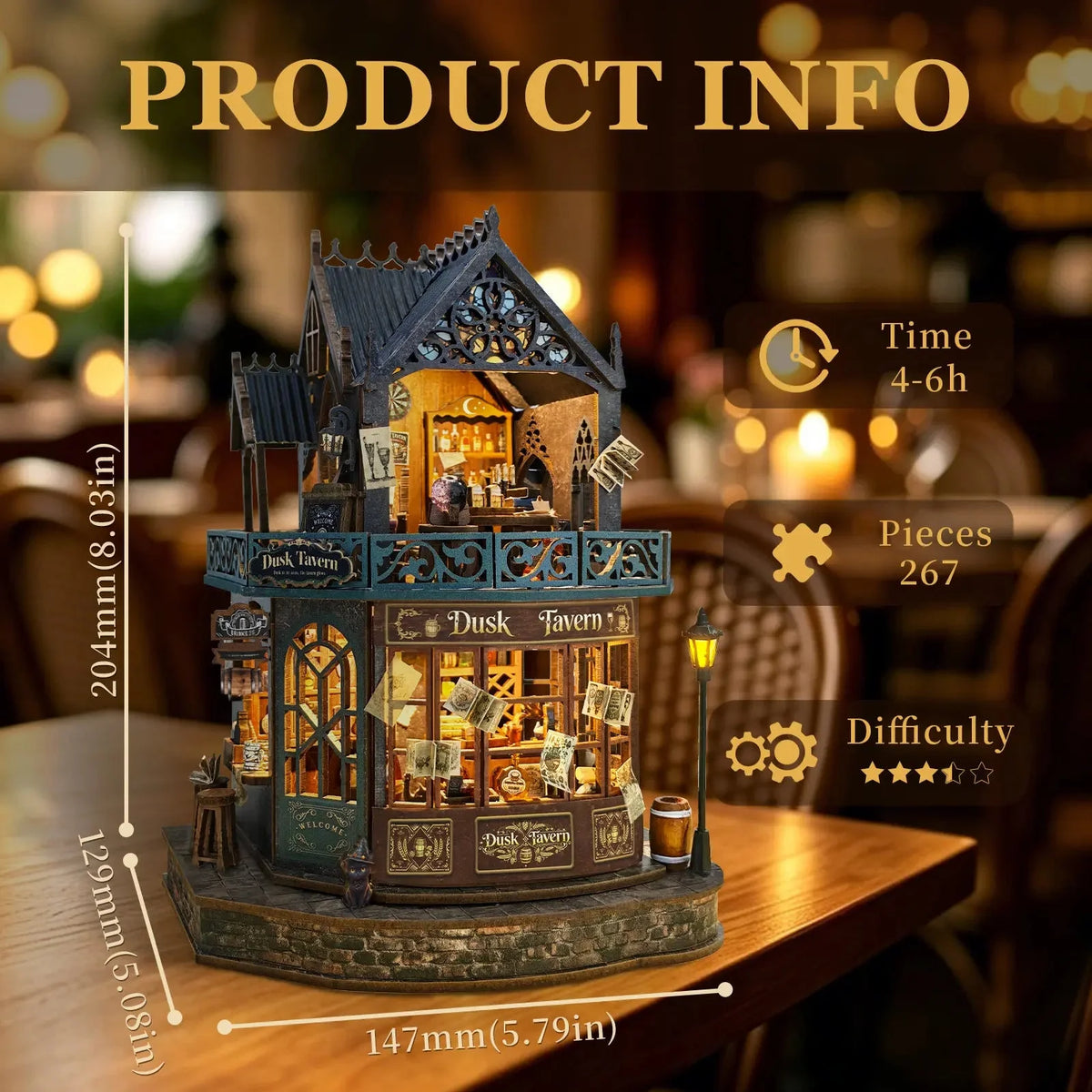 Twilight Tavern specification diagram with finished dimensions.