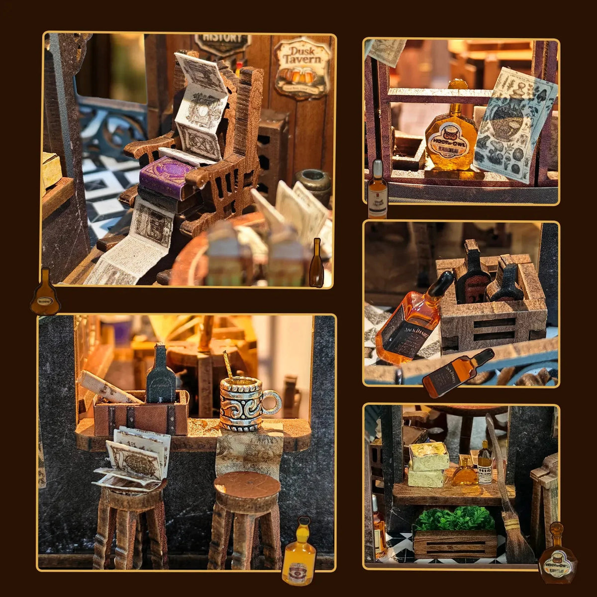 Twilight Tavern details showing miniature newspapers, mugs, stools and bottles.