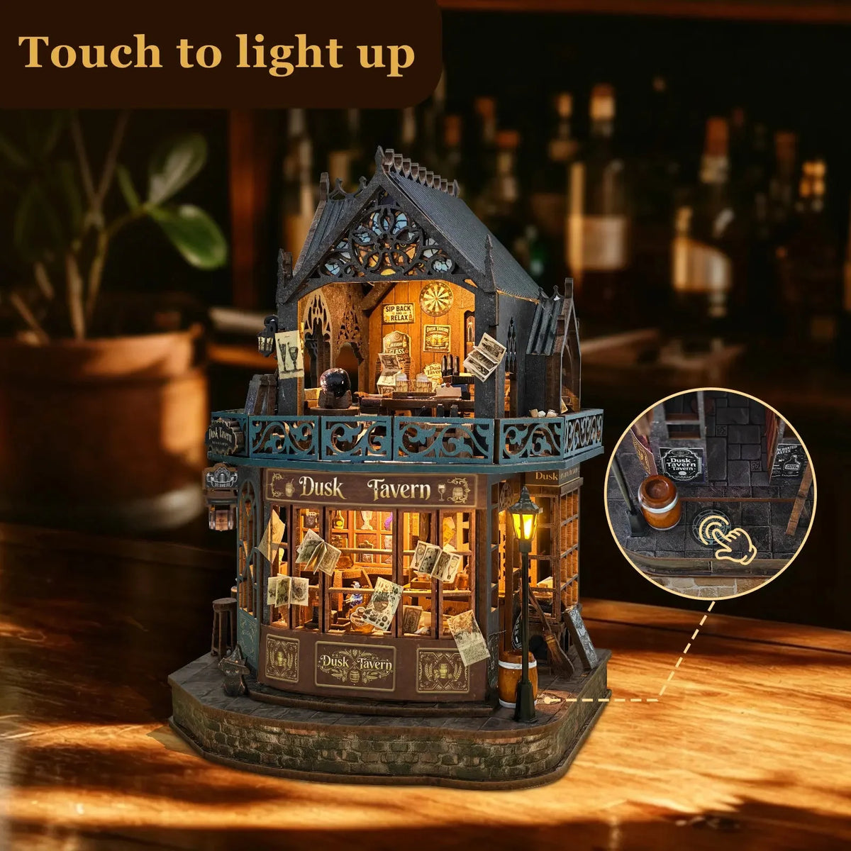 Twilight Tavern with a close-up of its touch-lighting control.