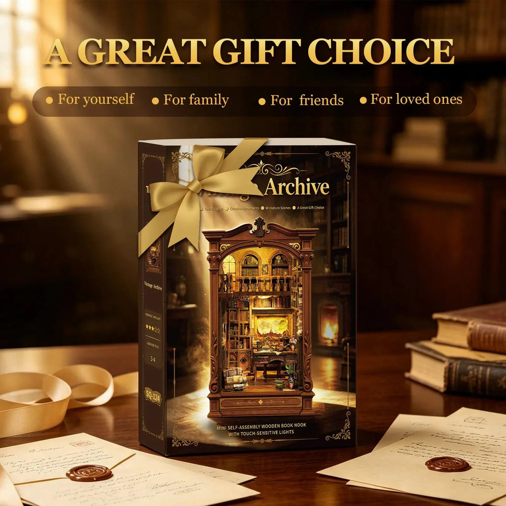 Vintage Archive illustrated kit box tied with a gold ribbon.