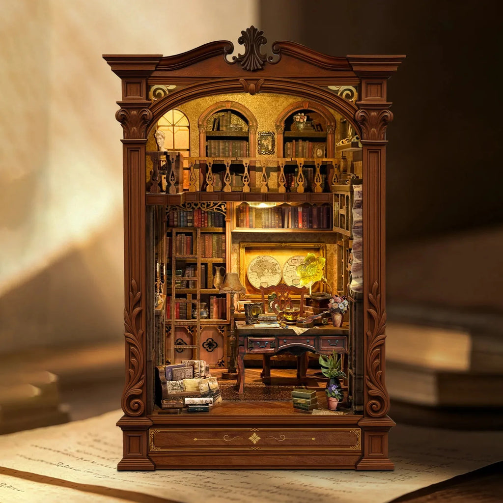 Angled Vintage Archive book nook on a wooden desk beside books.