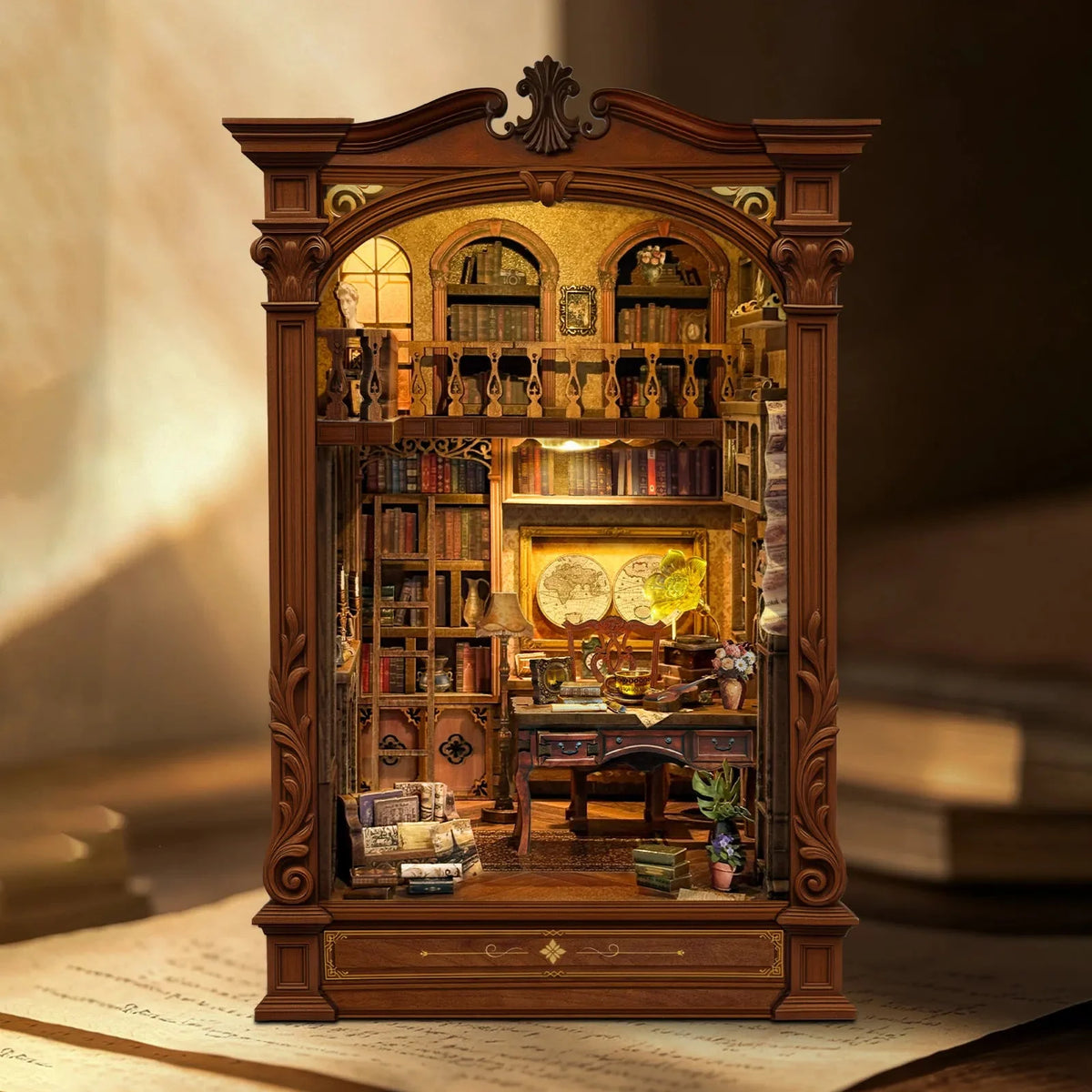 Angled Vintage Archive book nook on a wooden desk beside books.