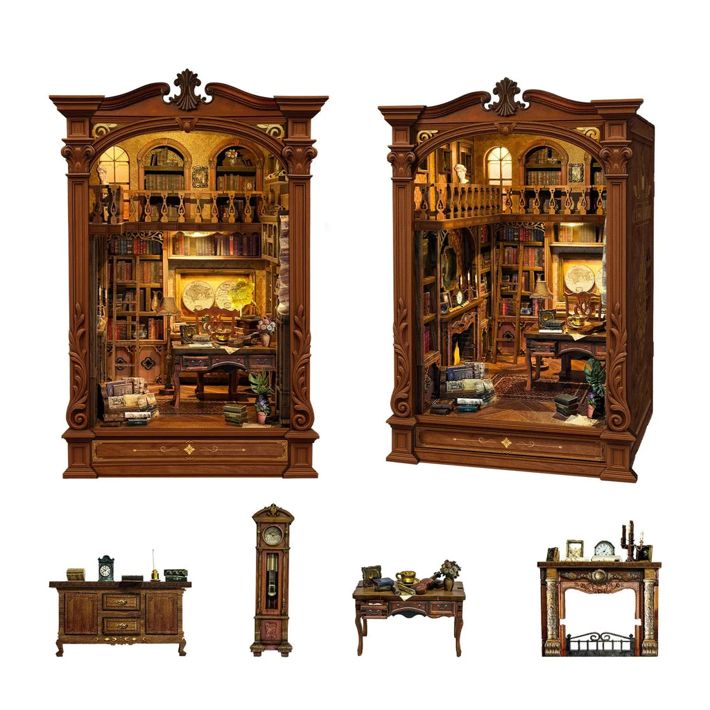 Vintage Archive shown from two angles with miniature furniture pictured below.