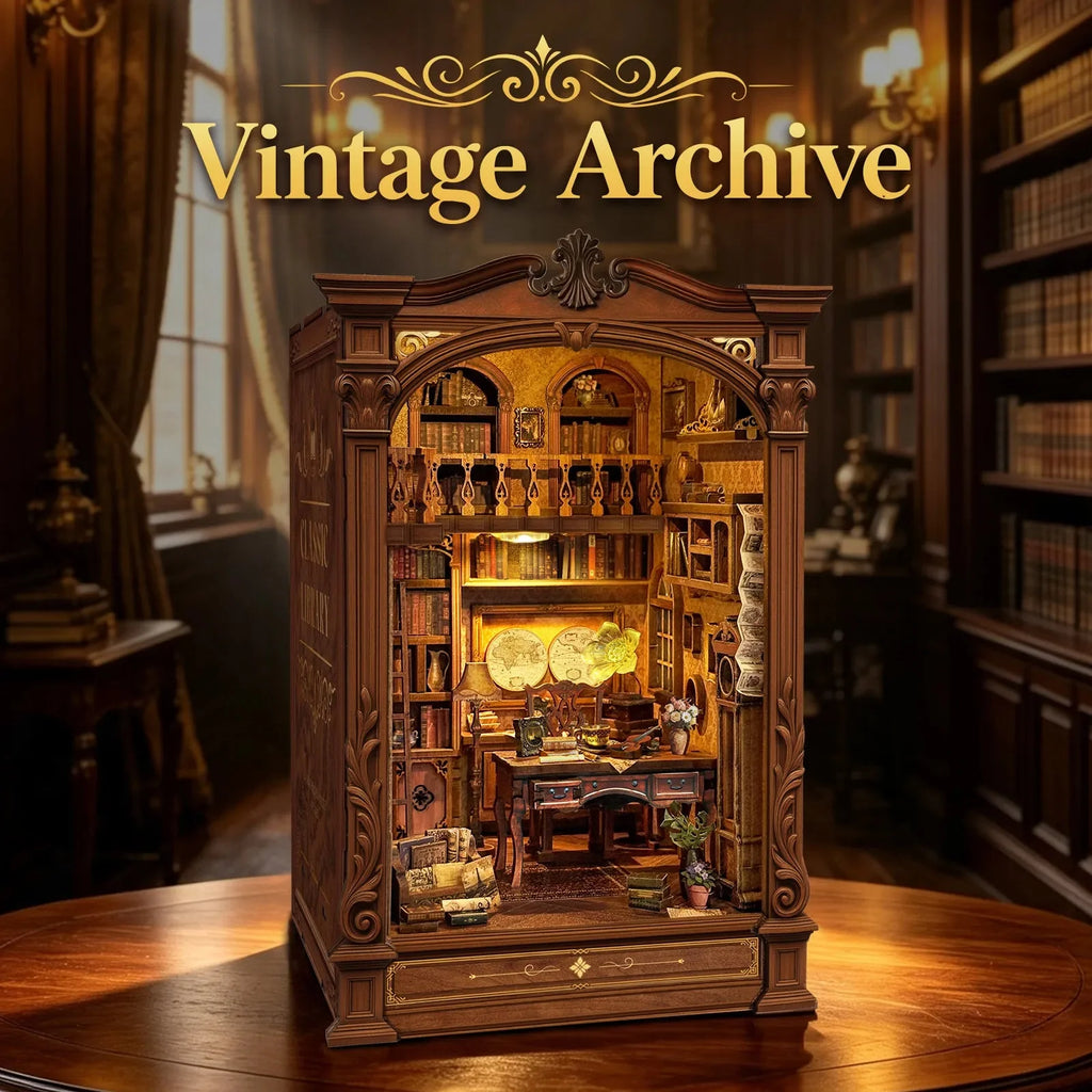 Vintage Archive illuminated on a table in an antique-style room setting.