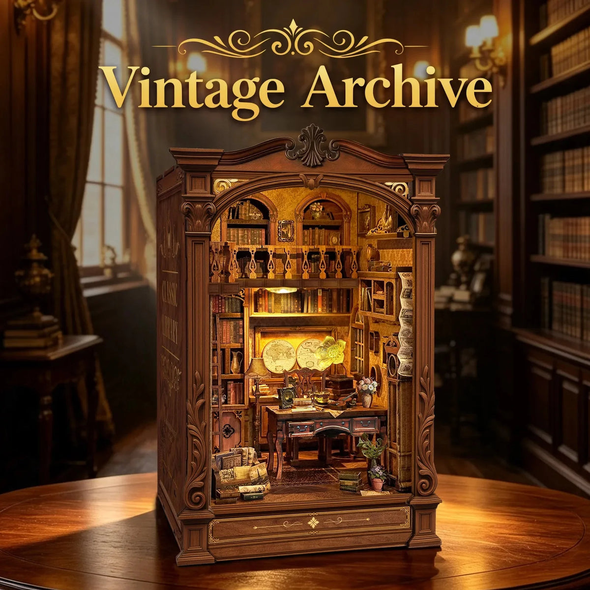 Vintage Archive illuminated on a table in an antique-style room setting.