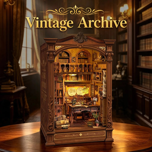 Vintage Archive illuminated on a table in an antique-style room setting.