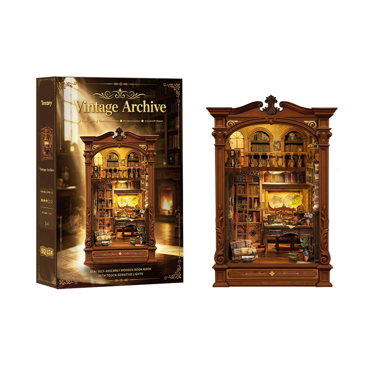 Vintage Archive book nook beside its illustrated kit box.